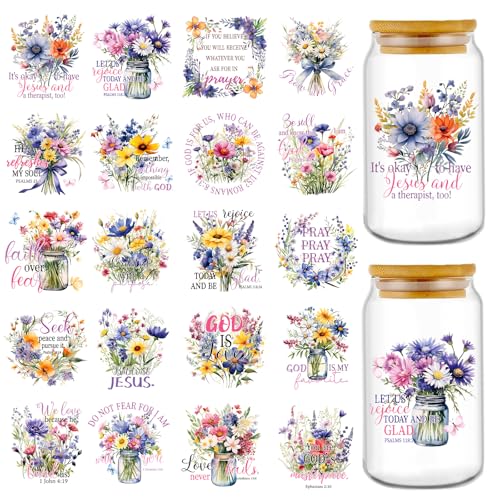 Rngmsi 20 Sheets Watercolor Floral Bible UV DTF Cup Wrap UV DTF Stickers | Wreath Uvdtf Decals, for 16 oz Glass Cups Mugs Tumblers Water Bottles, Waterproof, DIY Christian Crafts - style: Watercolor Bible