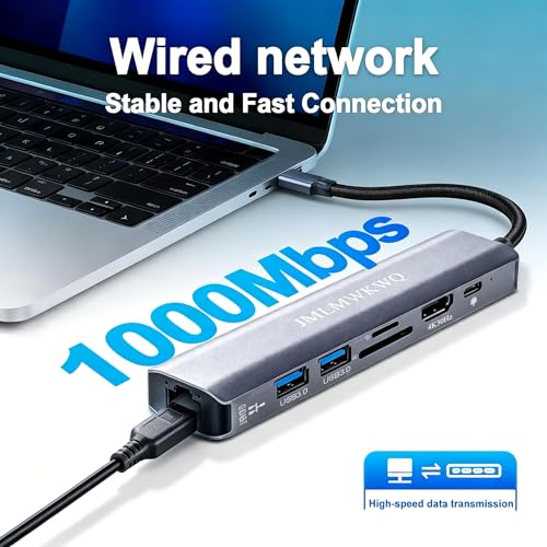 7-in-1 USB-C Hub with Gigabit Ethernet, 100W PD Fast Charging, 4K@30Hz HDMI Adapter, 2 USB 3.0 Ports, SD/TF Card Reader, and Aluminum Alloy Portable Docking Station for laptops/Phones (30Hz) - size: 30Hz