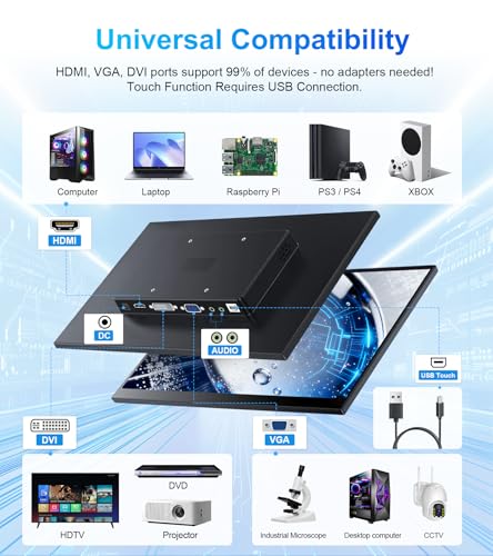 14" Touchscreen Monitor,VGA DVI and HDMI VESA for Industrial (Gray) | 10-point touch,IPS 1920×1080,Dual Speakers,72%NTSC,2000:1,16:10,350 cd/m²,178° view angle, - color: gray