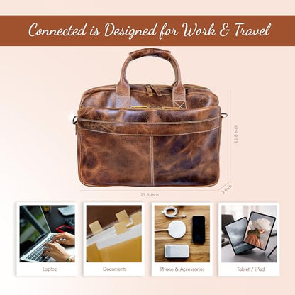 DEBKIN CONNECTED Leather Briefcase 18 inch Laptop Messenger Bag for Men and Women - Best Office Satchel Bag - Top Grain Buffalo Leather Messenger Bag for Men & Women