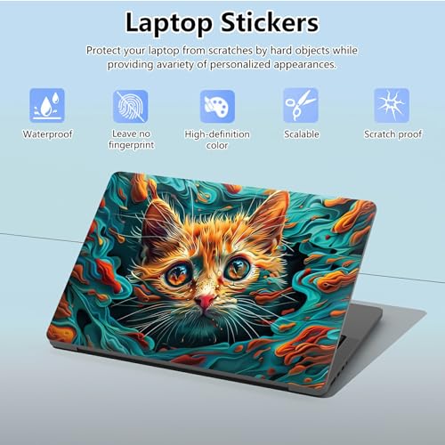 Universal Laptop Skin Sticker with 2 Wrist Pad Skins, Waterproof Scratch Resistant Vinyl Laptop Cover Decal, Cut to Fit for 11–15.6 Inch MacBook HP Dell Lenovo, Cat Waves - color: Cat Waves