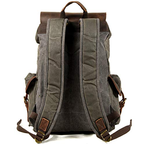 WUDON Leather Backpack for Men, Waxed Canvas Shoulder Rucksack Carry-On Travel Backpack - color: Grey-oversize