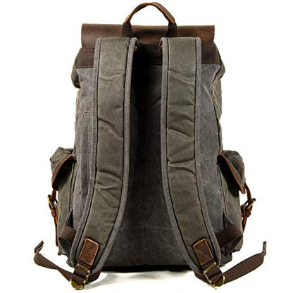 WUDON Leather Backpack for Men, Waxed Canvas Shoulder Rucksack Carry-On Travel Backpack - color: Grey-oversize