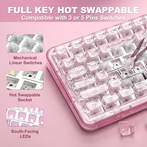 YUNZII X98 Clear Wireless Mechanical Keyboard with Knob (Pink, Snow Switch) | BT5.0/USB-C/2.4GHz,1800 Layout with Number Pad,Pre-lubed Switches Gasket Mount ,Clear Keyboard with RGB for Wins/Mac/Gaming - color: Pink, size: Snow Switch