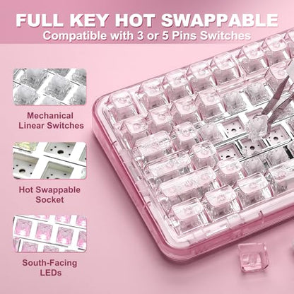 YUNZII X98 Clear Wireless Mechanical Keyboard with Knob (Pink, Snow Switch) | BT5.0/USB-C/2.4GHz,1800 Layout with Number Pad,Pre-lubed Switches Gasket Mount ,Clear Keyboard with RGB for Wins/Mac/Gaming - color: Pink, size: Snow Switch