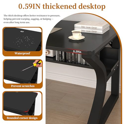 55'' Computer Desk Home Office Desk, Modern Computer Desk w/U Shaped Metal Frame, Storage Shelves, PC Table Study Writing Desk Workstation for Home Office (55inch/Black) - size: 55inch/Black