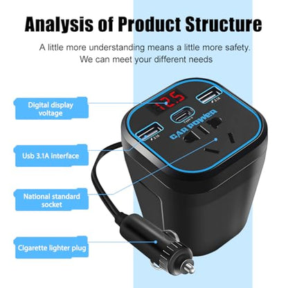 Ankuee 150W Car Power Inverter, 12V DC to 110V Vehicle Plug Outlet Adapter with Dual USB & Type-C & Voltmeter, Automotive Fast Charger Power Converter for Computer Laptop Phone