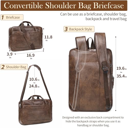 Faux Leather Messenger Bag for Men 17-17.3 Inch: Convertible 3 in 1 Backpack Laptop Bag Briefcase Computer Handbags Shoulder Crossbody Bag with Padded Laptop Sleeve for Work College Travel, PU Coffee - color: Pu Brown Coffee