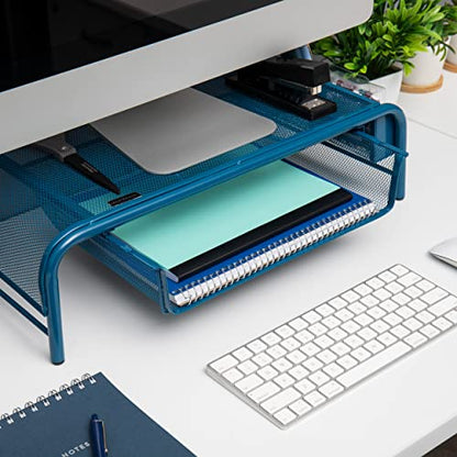 Mind Reader MESHMONSTA-TUR Metal Mesh Desk Drawer, Desktop Monitor Stand Organizer, Turquoise - color: Turquoise