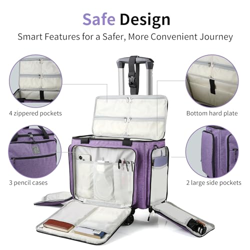 Rolling Teacher Bag with Five 360-Degree Swivel Wheels,Teacher Tote Bag with Detachable Trolley,Using YKK zipers,Fits for 15.6" Laptop (Lilac) - color: Lilac