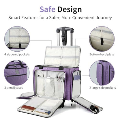 Rolling Teacher Bag with Five 360-Degree Swivel Wheels,Teacher Tote Bag with Detachable Trolley,Using YKK zipers,Fits for 15.6" Laptop (Lilac) - color: Lilac