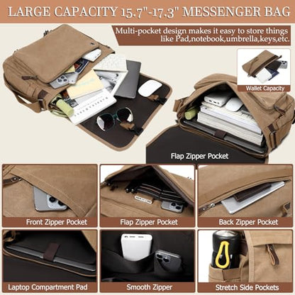 17.3 Inch Messenger Bag for Men: 2PCS Laptop Bag PU Leather Canvas Work Briefcase Large Office - color: Canvas Brown Khaki