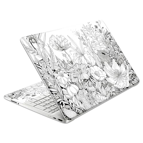 Laptop Skin Decal HP 15.6" - Black White Botanical, Laptop Cover Sticker, No Cutting Required, No Bubble, Waterproof, Scratch Resistant - Including Wide Screen and Wrist Pad - size: 15.6 inch