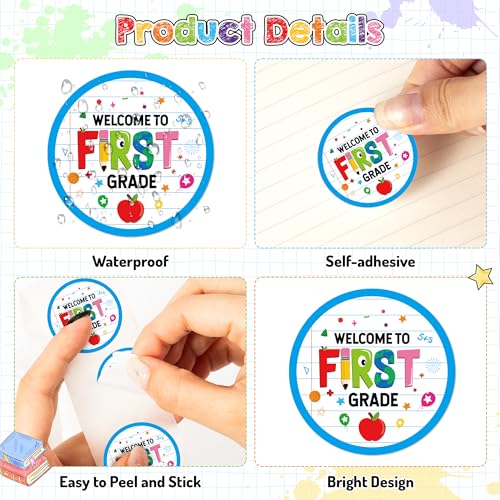 Haooryx Back to School Stickers - 500Pcs Welcome to 1st Grade Laptop Water Bottle Sticker Rolls First Day of School Self Adhesive Activity Pad Student Teacher Scrapbook Supplies Greeting Card Making - style: Welcome to 1st Grade