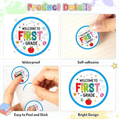 Haooryx Back to School Stickers - 500Pcs Welcome to 1st Grade Laptop Water Bottle Sticker Rolls First Day of School Self Adhesive Activity Pad Student Teacher Scrapbook Supplies Greeting Card Making - style: Welcome to 1st Grade