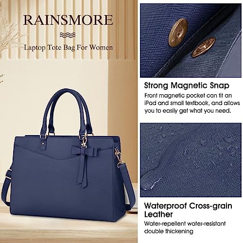 RAINSMORE Laptop Bag for Women 15.6 Inch PU Tote Bag Business Office Work Bag Waterproof Briefcase Computer Tote Lightweight Handbag Shoulder, Blue - color: Blue
