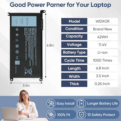 42WH WDX0R Replacement Laptop Battery for Dell Inspiron 13 15 5000 7000 Series 5567 5570 7378 7573 7579 5565 5379 5378 Latitude 3390 3190 Vostro 5468 5568 P69G P58F 3CRH3 11.4V - size: 6.93*3.5*0.24inch WDXOR