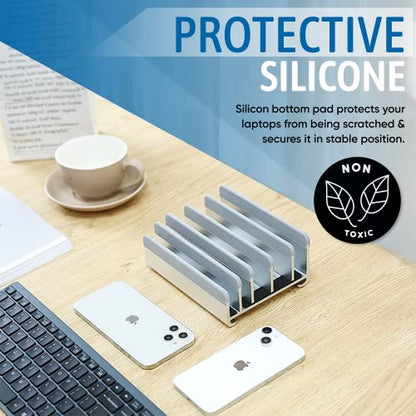 Elestoria 5- Slot Vertical Laptop Stand - Aluminum Laptop Stand Vertical for Desk - Adjustable Width (12-38mm) Fits MacBook Pro/Air, Surface & Gaming Laptops upto 17.3"-Heavy Duty Laptop Holder-Silver - color: Silver