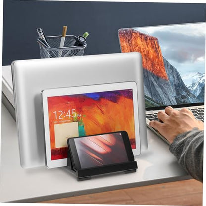 KALLORY Laptop Vertical Stand Adjustable Tablet Holder with Padded Nonslip Base Desk Space Organizer for Efficient Workspace Dual Slots to Maximize Office Desk Clutter