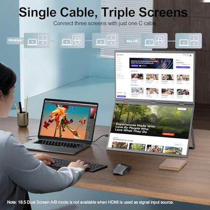 Dual Portable Monitor, 18.5" 1080P FHD IPS Folding Stacked Triple Laptop Screen Extender, USB-C Plug & Play Travel Extended Computer Display for Laptop PC Windows Mac w/Stand & VESA Mountable - size: 18.5