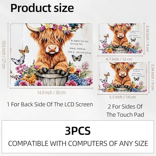 Highland Cow in Flower Bucket Floral Universal Laptop Skin Sticker 3PCS, Protective Decal Trim-to-Fit 11.6" 13.3" 14" 15.6" Laptop Vinyl Cover, Removable Anti-Scratch Computer Decal Protector - color: Highland Cow in Flower Bucket Floral