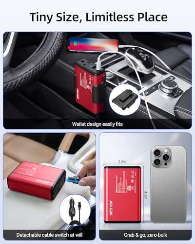 BESTEK 150W Power Inverter 11-17V, 30W USB-C, 18W USB-A Car Charger Adapter | 12V DC to 110V AC Converter, Vehicle Cigarette Lighter Plug Outlet, 10 Layer Protection, ETL Certified, Aluminum Housing-Gray - color: Red