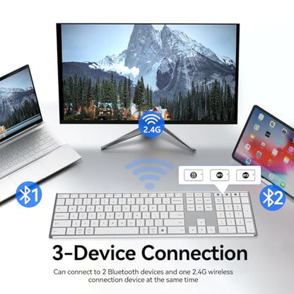 AUSDOM Full Size Bluetooth Keyboard, 2.4G Wireless Quiet Slim Keyboard, Multi Device Low Profile Silent Flat Keyboards with Numeric Keypad, Rechargeable Battery for Windows Mac iOS Computer, White - color: Snow White