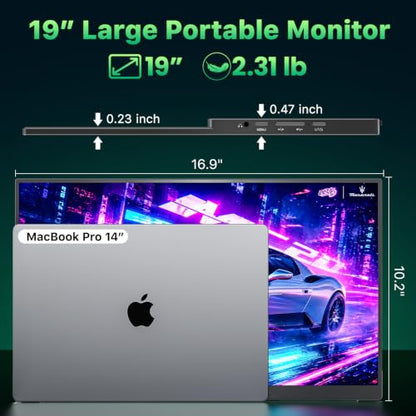 Upperizon Portable Monitor 19 inch 4K UHD 3840X2160 125% sRGB 144Hz HDR HDMI USB-C Travel Monitor for Laptop MacBook PC Surface Xbox, Large External Display with Kickstand & Speakers, VESA Compatible - size: 19 inch