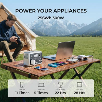 DYNESS Portable Power Station 300W with 100W Foldable Solar Panel, 256Wh Solar Generator with 110V Pure Sine Wave AC Outlet, LiFePO4 Battery for Camping, Home Backup, RV, Outdoor - size: 256Wh 300W + 100W Solar Panel