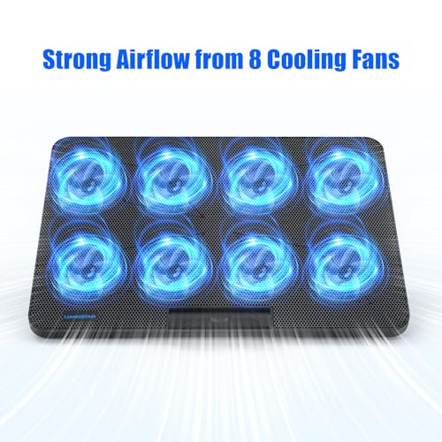 Laptop Cooling Pad, Laptop Cooler with 8 Quiet Fans for 12-17 Inch Gaming Laptop Fan Cooling Pad Stable Stand 7 Height & Wind Speed Adjustable, 2 USB Port & Phone Holder - color: Black Blue-LED 8 Fans