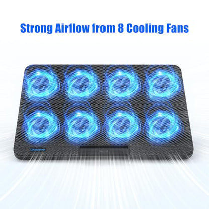 Laptop Cooling Pad, Laptop Cooler with 8 Quiet Fans for 12-17 Inch Gaming Laptop Fan Cooling Pad Stable Stand 7 Height & Wind Speed Adjustable, 2 USB Port & Phone Holder - color: Black Blue-LED 8 Fans
