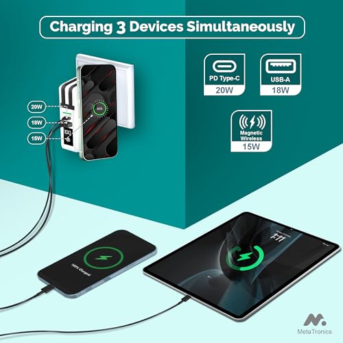 5-in-1 Travel Power Bank with Wall Plug — 10000mAh MagSafe Wireless Portable Charger with Built-in USB-C & Lightning Cables + Universal International Travel Adapter (US/Asia/Europe/Asia) | 5-in-1 Charger with USB-C, Global Travel Adapter, Built-In Chargin