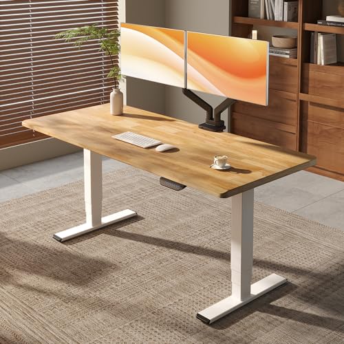 FLEXISPOT E6 MAX 1" Thick Beveled-Edge Solid Wood Standing Desk, 63"x30" Dual Motor 3-Stage Heavy Duty Workstation, 330lbs Weight Capacity Height Adjustable Desk (Maple Rubberwood + White Frame) - color: Maple/White, size: 63"x30" Rubber Wood One-Piece