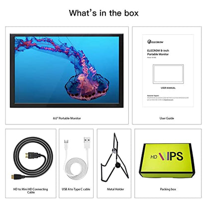 ELECROW 8 Inch Portable Monitor, 1280x800 Mini HD Display with Built-in Speakers, USB Powered, Non-Touch LCD Screen for Raspberry Pi, PC, Laptop, Jetson Nano, Game Consoles