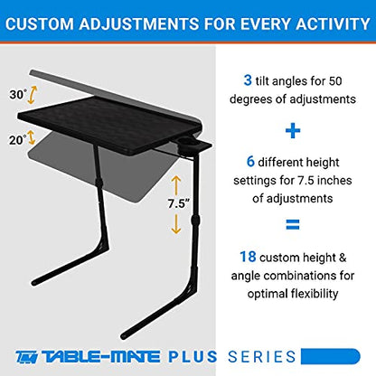 Table-Mate TV Tray Table | Portable Desk Folding Dinner Tray, Couch Table Trays for Eating Snack Food, Portable Laptop Desk, Bed Trays for Eating | Adjustable TV Trays with 3 Angles and Cup Holder - size: 15"D x 21"W x 29"H