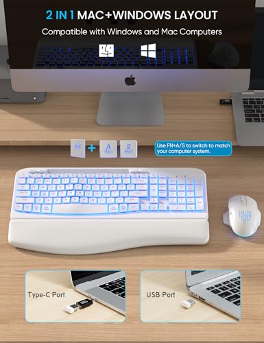 SABLUTE Wireless Keyboard and Mouse Combo - Ergonomic Wave Keyboard with Soft Leather Wrist Rest, Phone Holder, Rechargeable, RGB Backlit Mouse, Full-Size Set for Windows/Mac/Computer (White) - color: White