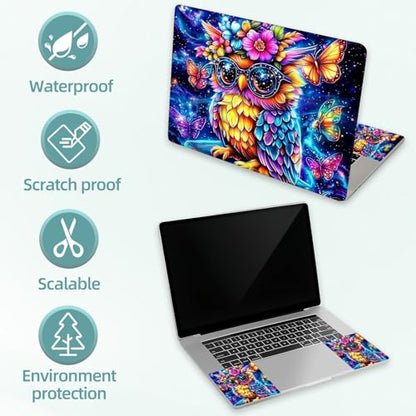 Universal Laptop Skin Decal, 3-Piece Vinyl Protector for 12 13 14 15.6" Notebook, Waterproof Anti-Scratch, Easy Trim & Bubble-Free Finish, Owl with Large Glasse and Flower - color: Owl with Large Glasse and Flower