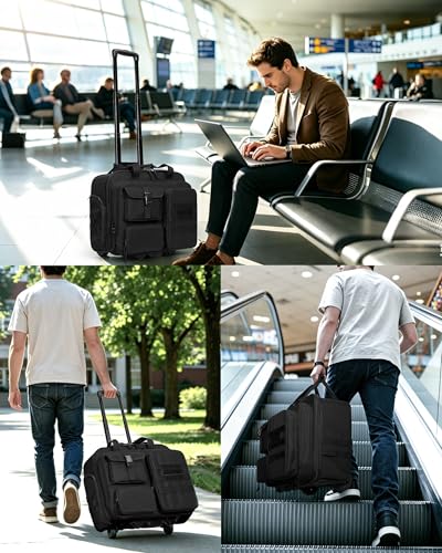 Rolling Tactical Messenger Bag, 17.3 Inch Briefcase with Wheels | A Padded Laptop Sleeve, Accordion File Organizer, Opens 180° Flat, Wheeled Military Laptop Bag for Work Commute Flight