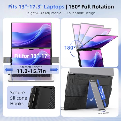 15.6" Dual Laptop Screen Extender - Ultra Thin Stacked Foldable Portable Monitor, FHD 1080P USB-C/HDMI Plug & Play, 180° Screen Adjustment for 13-17.3" Mac/Windows Laptops, Ideal for Work & Gaming
