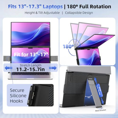 15.6" Dual Laptop Screen Extender - Ultra Thin Stacked Foldable Portable Monitor, FHD 1080P USB-C/HDMI Plug & Play, 180° Screen Adjustment for 13-17.3" Mac/Windows Laptops, Ideal for Work & Gaming