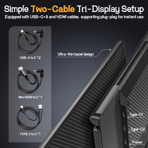 Laptop Screen Extender, 14'' FHD 1080P Ultra-Slim Triple Portable Monitor for Laptops, Two Cable USB-C Travel Monitor Extender Plug & Play for 13"-17" Laptop, Compatible with Wins/Mac/Android/Chrome