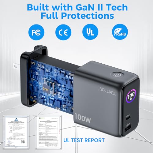 100W GaN USB C Retractable Charger with Smart Display, Compact 3-Port Fast Charging Wall Adapter with Foldable Plug, for MacBook Pro/Air, iPhone 17/16, Galaxy S26, iPad