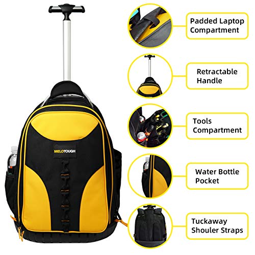 MELOTOUGH Rolling Tool Backpack Laptop Sleeve Yellow | Heavy-Duty 600D, Water-Resistant, Padded Laptop Sleeve, Smooth Rolling Wheels & Telescoping Handle, Multiple Pockets - color: Yellow