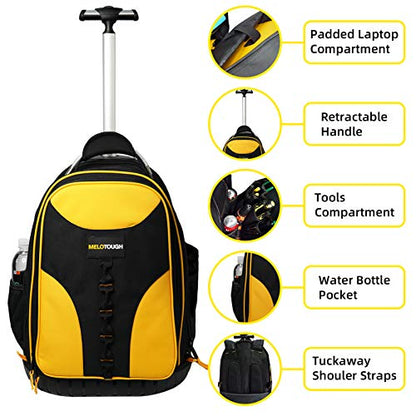 MELOTOUGH Rolling Tool Backpack Laptop Sleeve Yellow | Heavy-Duty 600D, Water-Resistant, Padded Laptop Sleeve, Smooth Rolling Wheels & Telescoping Handle, Multiple Pockets - color: Yellow