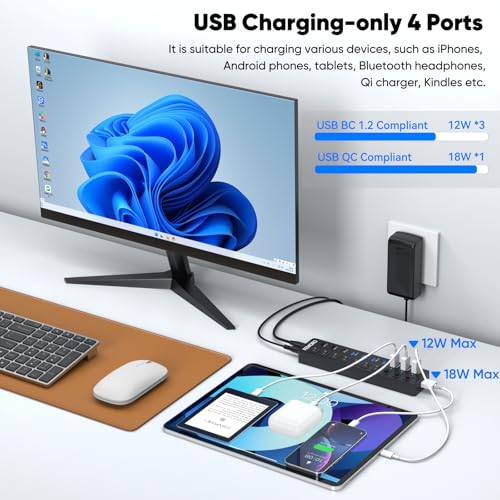 Powered USB C Hub 3.2 11-Port 48W, USB-C 3.2 (10Gbps)*2 + USB-A 3.2 (10Gbps)*1 + USB-A 3.0 (5Gbps)*4 + Power-only Port*4 with 12V/4A Power Adapter High Speed for Laptop PC Phone SSD HDD Flash Drive