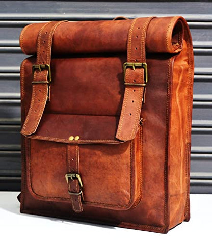 URBAN DEZIRE Men's 17 inch Leather Vintage Roll On Laptop Backpack Rucksack knapsack college bag - size: 14"(L), 18"(Rolled) -(H)- 24"(Open), 4(W)