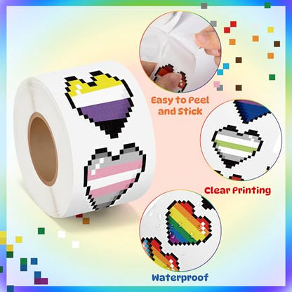 LGBTQ+ Pride Month Sticker - 1000 Pcs LGBTQ Pride Month Heart-Shaped Waterproof Vinyl Reusable Laptop Stickers Coloring Book Scrapbook Water Bottle Page Activity Pad Party Favors Skateboard - style: Rainbow Pixel Heart-Shaped