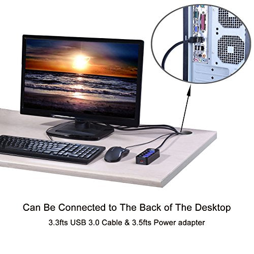 USB Hub with 4 USB 3.0 Data Ports + 1 USB Smart Charging Port | 5 Ports USB 3.0 Hub with Power Supply, Individual On/Off Port Switches for MacBook, Mac Pro, Hard Drive and More
