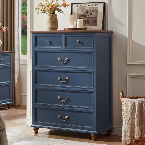 Joaxswe Farmhouse 6 Drawer Dresser for Bedroom, 42" Tall Rustic Chests of Drawers w/ 4 Solid Wood Feet, Mid Century Modern Wooden Closet Storage Dressers Organizer for Living Room, Hallway,Blue - color: Blue, size: 15.7"D x 31.5"W x 42.3"H (6 Drawers)