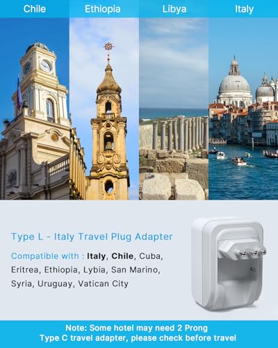 VINTAR Foldable Italy Travel Plug Adapter, 2 Pack Type L Adapter with USB-C | 2 Outlets, 3 USB Ports, 3 Prong Grounded Plug, Power Adapter for US to Italy Rome Chile Uruguay Libya - style: Type L - Italy Chile